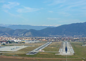 Airport approach view from airplane cockpit