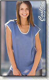 Woman wearing blue colored tan through shirt