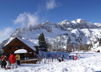 Snow covered mountain ski chalet in Tirol