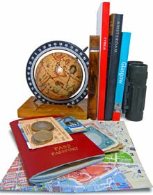 Passport, street map and travel books for trip planning